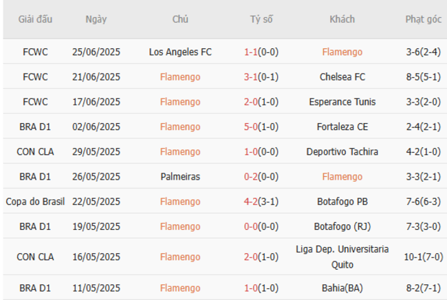 Kết quả gần đây của Flamengo